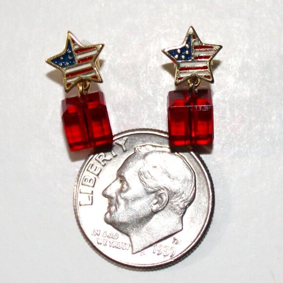 Sterling Silver Gold Tone American Star Flag Crystal Bead Stud Earrings - Picture 3 of 4